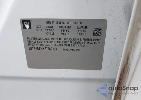 2014 Chevrolet Cruze Ls Auto из США, поврежденный, VIN 1G1PA5SHXE7260151